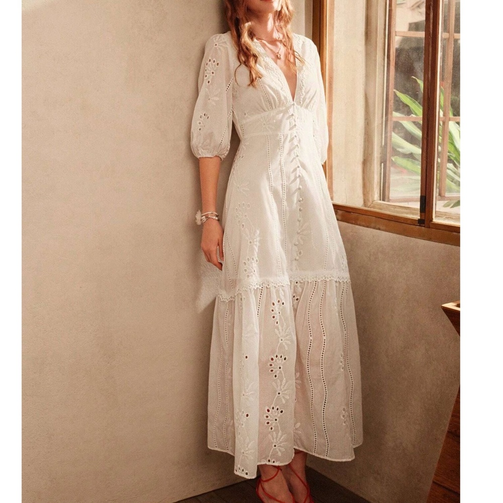 Boho White Eyelet Button 1/2 Sleeve Maxi Dress
